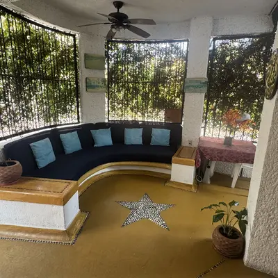 Lounge area with blue sofa and ceiling fan