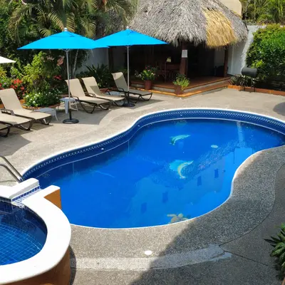 Aerial view of the pool, palapa and gardens at Hotel Villas Mercedes